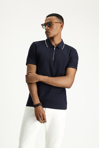  Koyu Lacivert Polo Yaka Slim Fit Dar Kesim Fermuarlı Pamuk Tişört
