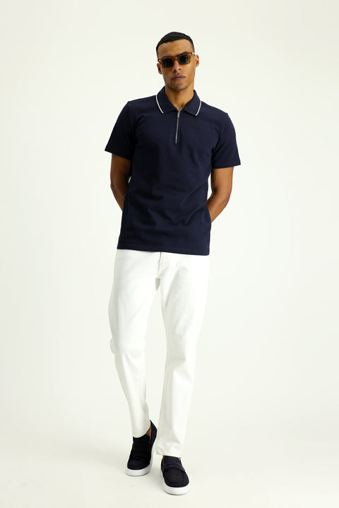 Koyu Lacivert Polo Yaka Slim Fit Dar Kesim Fermuarlı Pamuk Tişört