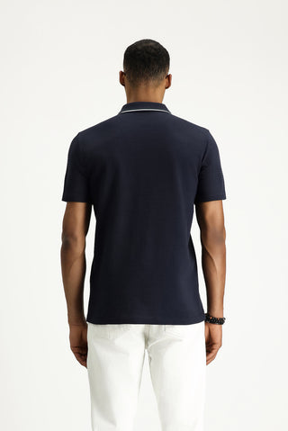 Koyu Lacivert Polo Yaka Slim Fit Dar Kesim Fermuarlı Pamuk Tişört