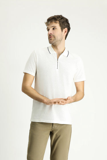 Ekru Polo Yaka Slim Fit Dar Kesim Fermuarlı Pamuk Tişört