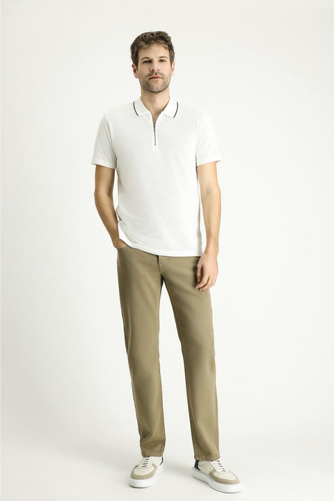 Ekru Polo Yaka Slim Fit Dar Kesim Fermuarlı Pamuk Tişört