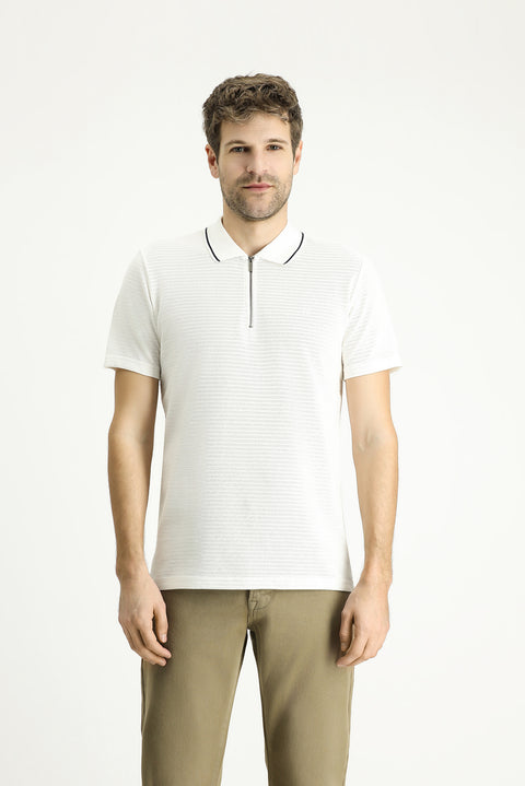Ekru Polo Yaka Slim Fit Dar Kesim Fermuarlı Pamuk Tişört