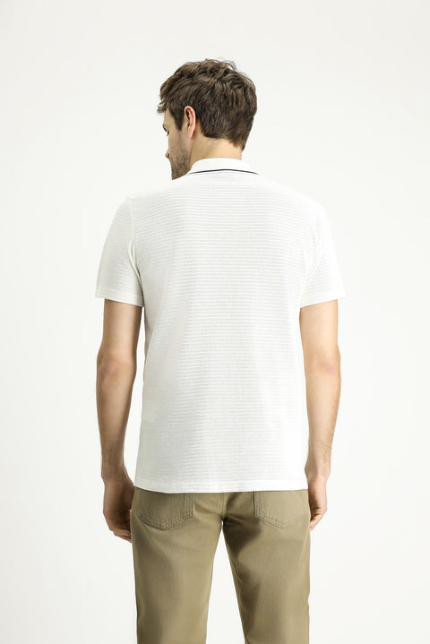 Ekru Polo Yaka Slim Fit Dar Kesim Fermuarlı Pamuk Tişört