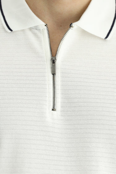 Ekru Polo Yaka Slim Fit Dar Kesim Fermuarlı Pamuk Tişört