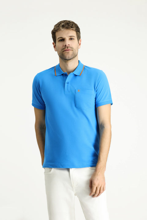 Koyu Mavi  Slim Fit Dar Kesim Desenli Nakışlı Pamuk Polo Yaka Tişört