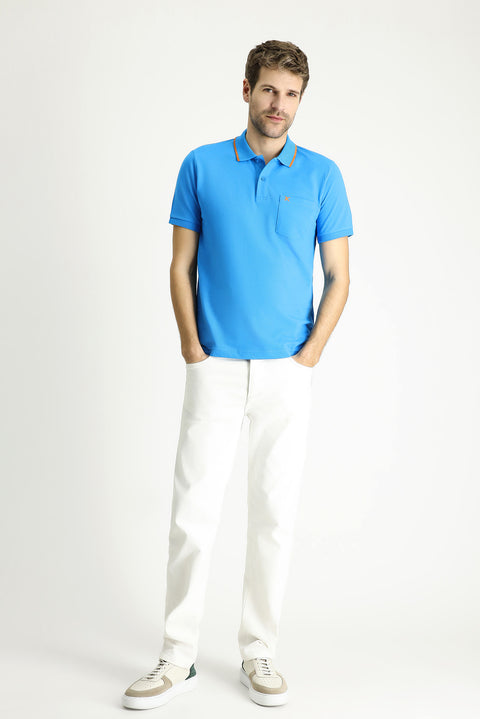 Koyu Mavi  Slim Fit Dar Kesim Desenli Nakışlı Pamuk Polo Yaka Tişört