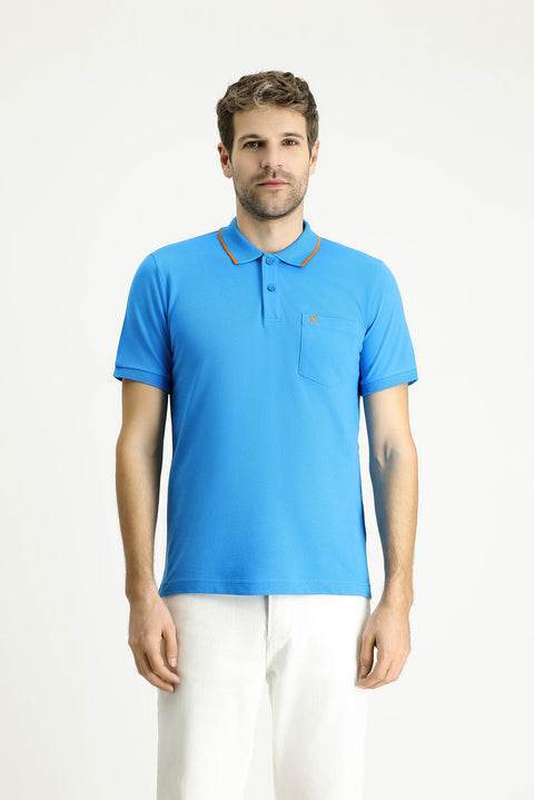 Koyu Mavi  Slim Fit Dar Kesim Desenli Nakışlı Pamuk Polo Yaka Tişört