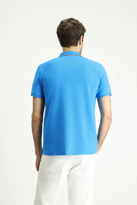 Koyu Mavi  Slim Fit Dar Kesim Desenli Nakışlı Pamuk Polo Yaka Tişört