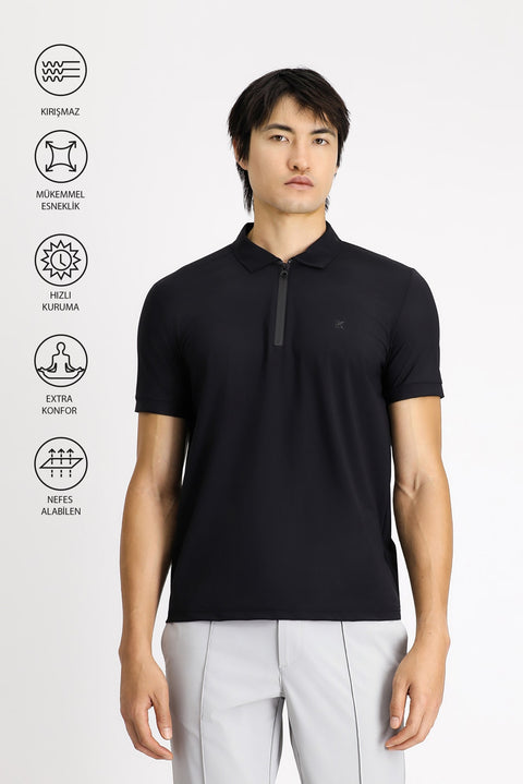 Siyah Techno-Line Polo Yaka Slim Fit Dar Kesim Fermuarlı Likralı Tişört