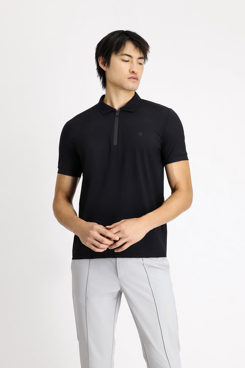 Siyah Techno-Line Polo Yaka Slim Fit Dar Kesim Fermuarlı Likralı Tişört