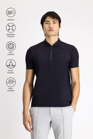  Koyu Lacivert Techno-Line Polo Yaka Slim Fit Dar Kesim Fermuarlı Likralı Tişört