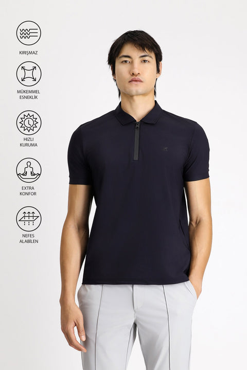 Koyu Lacivert Techno-Line Polo Yaka Slim Fit Dar Kesim Fermuarlı Likralı Tişört