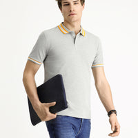 Orta Gri Melanj Polo Yaka Slim Fit Dar Kesim Desenli Pamuklu Tişört