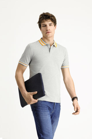  Orta Gri Melanj Polo Yaka Slim Fit Dar Kesim Desenli Pamuklu Tişört