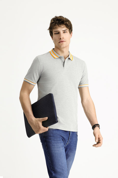 Orta Gri Melanj Polo Yaka Slim Fit Dar Kesim Desenli Pamuklu Tişört