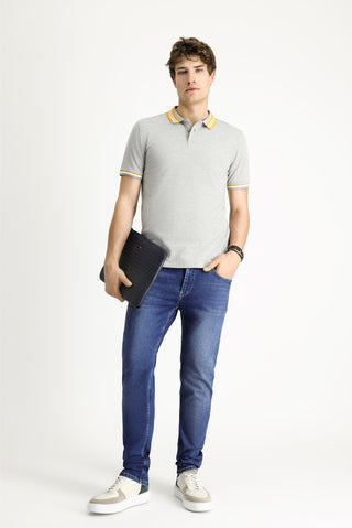  Orta Gri Melanj Polo Yaka Slim Fit Dar Kesim Desenli Pamuklu Tişört