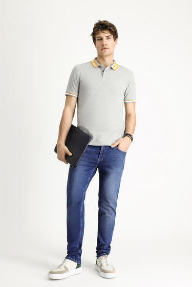 Orta Gri Melanj Polo Yaka Slim Fit Dar Kesim Desenli Pamuklu Tişört