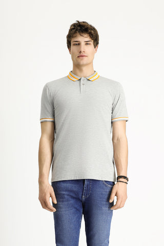  Orta Gri Melanj Polo Yaka Slim Fit Dar Kesim Desenli Pamuklu Tişört