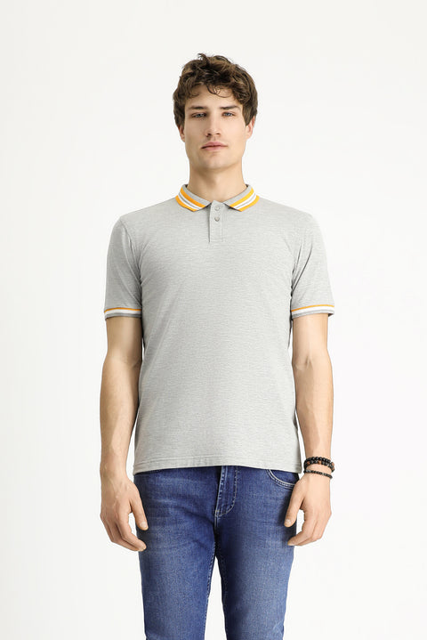 Orta Gri Melanj Polo Yaka Slim Fit Dar Kesim Desenli Pamuklu Tişört