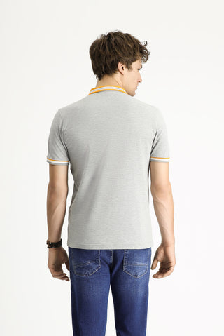  Orta Gri Melanj Polo Yaka Slim Fit Dar Kesim Desenli Pamuklu Tişört
