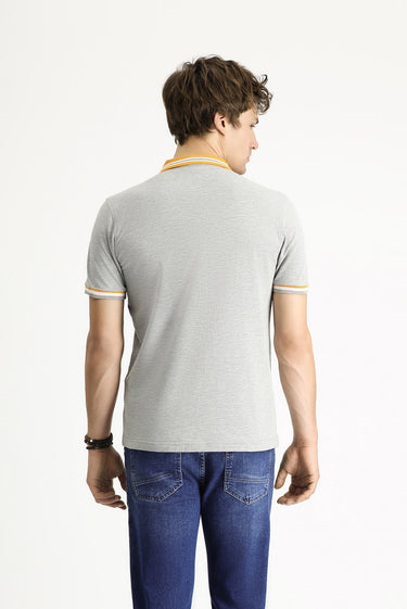 Orta Gri Melanj Polo Yaka Slim Fit Dar Kesim Desenli Pamuklu Tişört