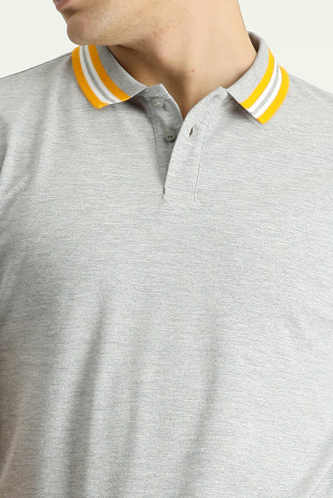 Orta Gri Melanj Polo Yaka Slim Fit Dar Kesim Desenli Pamuklu Tişört