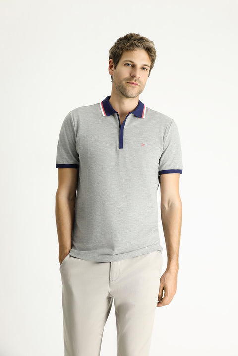 Orta Gri Melanj Slim Fit Dar Kesim Pamuk Polo Yaka Tişört