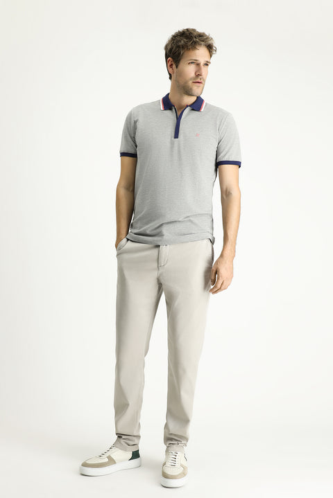 Orta Gri Melanj Slim Fit Dar Kesim Pamuk Polo Yaka Tişört