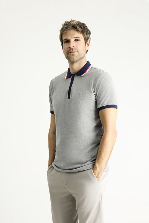 Orta Gri Melanj Slim Fit Dar Kesim Pamuk Polo Yaka Tişört