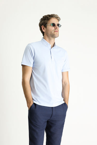  Açık Mavi Polo Yaka Slim Fit Dar Kesim Pamuklu Tişört