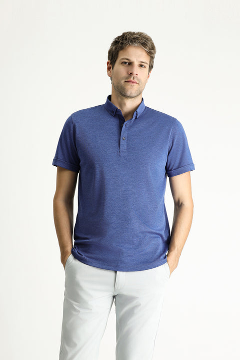 Indigo Polo Collar Slim Fit Narrow Cut Cotton T-shirt