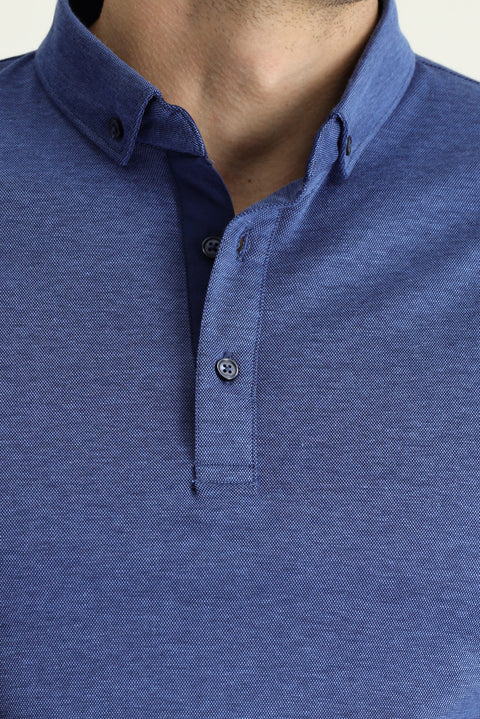 Indigo Polo Collar Slim Fit Narrow Cut Cotton T-shirt