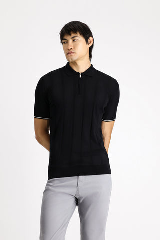  Siyah Fermuarlı Desenli Slim Fit Dar Kesim Polo Yaka Tişört