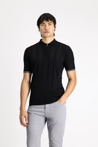  Siyah Fermuarlı Desenli Slim Fit Dar Kesim Polo Yaka Tişört