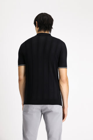  Siyah Fermuarlı Desenli Slim Fit Dar Kesim Polo Yaka Tişört