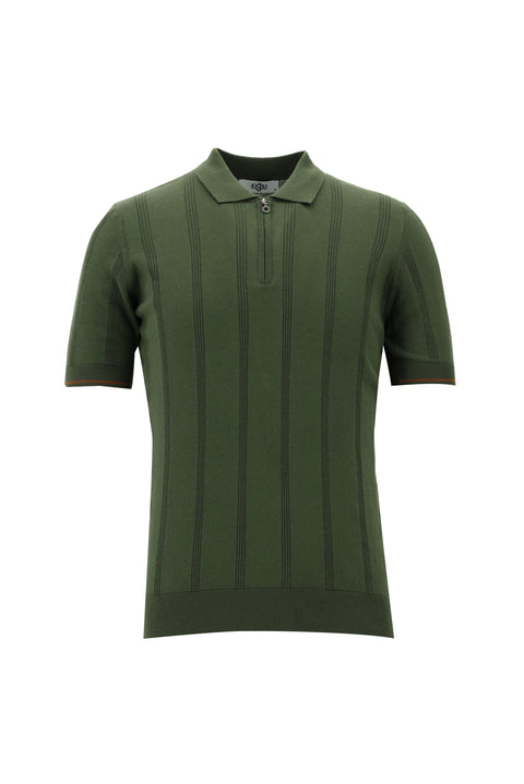 Forest Green Zip-Up Patterned Slim Fit Narrow Cut Polo Shirt