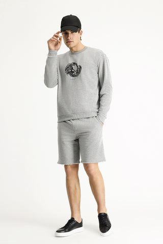  Orta Gri Melanj Bisiklet Yaka Oversize Baskılı Pamuklu Sweatshirt