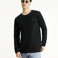 Siyah Bisiklet Yaka Slim Fit Dar Kesim Pamuklu Sweatshirt