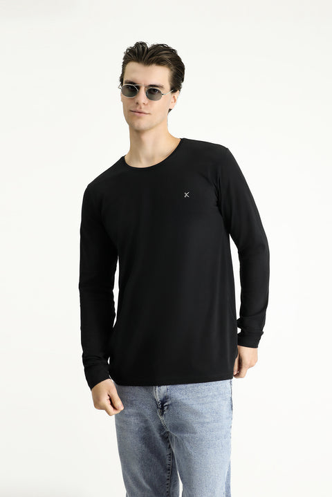 Siyah Bisiklet Yaka Slim Fit Dar Kesim Pamuklu Sweatshirt