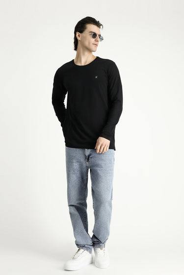Siyah Bisiklet Yaka Slim Fit Dar Kesim Pamuklu Sweatshirt
