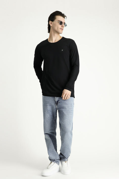 Siyah Bisiklet Yaka Slim Fit Dar Kesim Pamuklu Sweatshirt