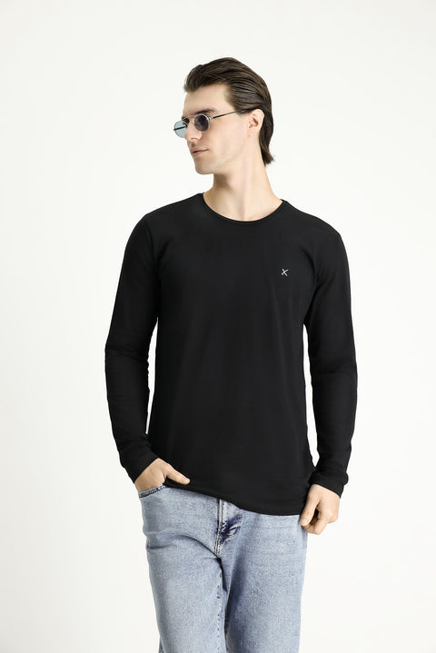 Siyah Bisiklet Yaka Slim Fit Dar Kesim Pamuklu Sweatshirt