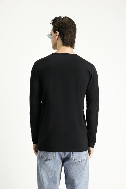 Siyah Bisiklet Yaka Slim Fit Dar Kesim Pamuklu Sweatshirt