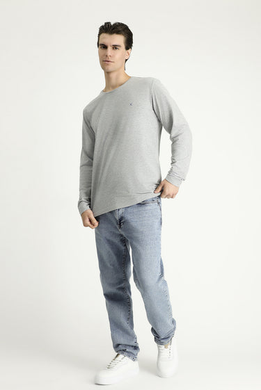 Açık Gri Melanj Bisiklet Yaka Slim Fit Dar Kesim Pamuklu Sweatshirt