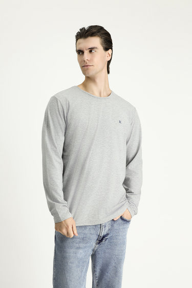 Açık Gri Melanj Bisiklet Yaka Slim Fit Dar Kesim Pamuklu Sweatshirt