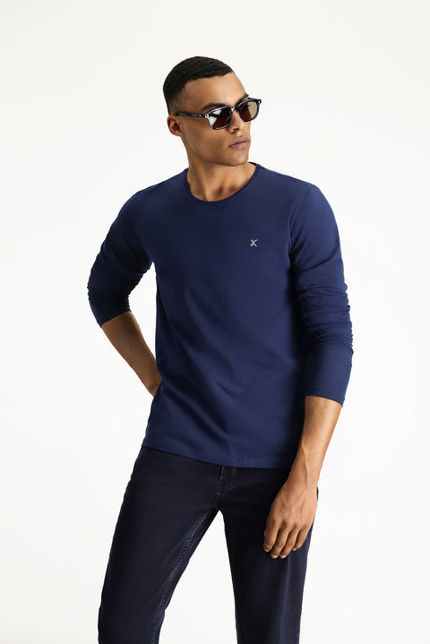 Koyu Lacivert Bisiklet Yaka Slim Fit Dar Kesim Pamuklu Sweatshirt