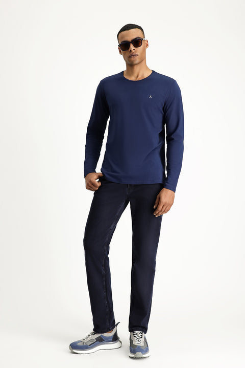 Koyu Lacivert Bisiklet Yaka Slim Fit Dar Kesim Pamuklu Sweatshirt