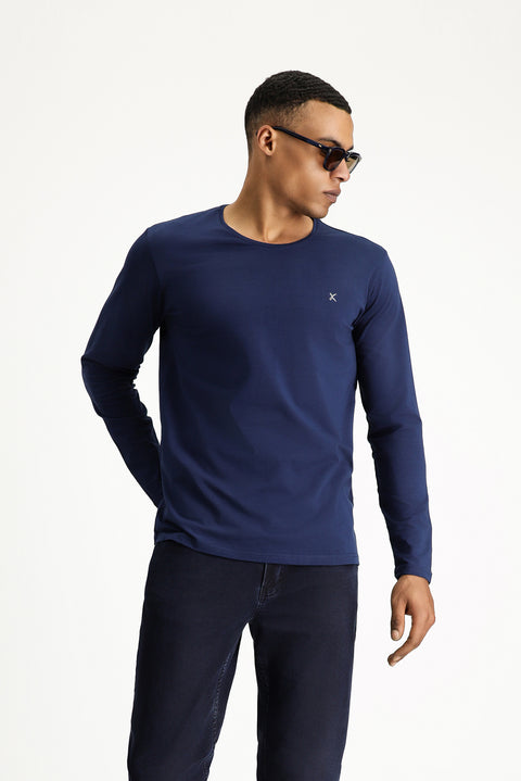 Koyu Lacivert Bisiklet Yaka Slim Fit Dar Kesim Pamuklu Sweatshirt