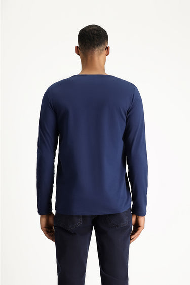 Koyu Lacivert Bisiklet Yaka Slim Fit Dar Kesim Pamuklu Sweatshirt