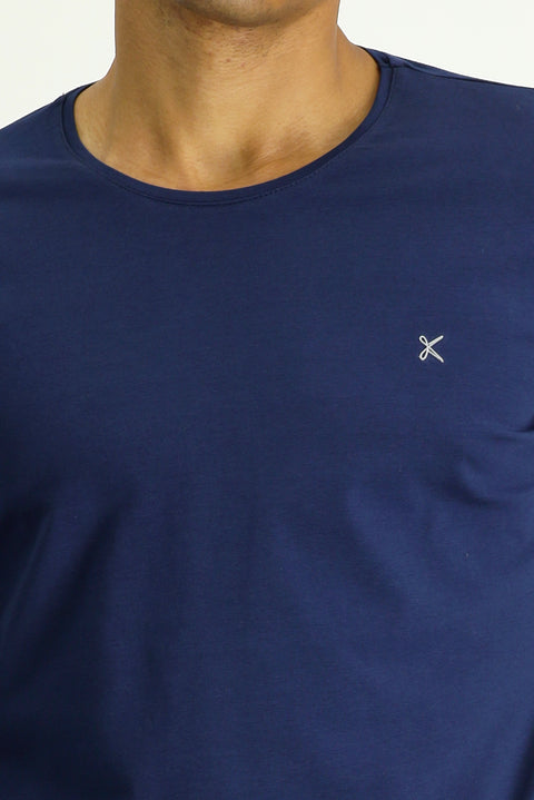 Koyu Lacivert Bisiklet Yaka Slim Fit Dar Kesim Pamuklu Sweatshirt